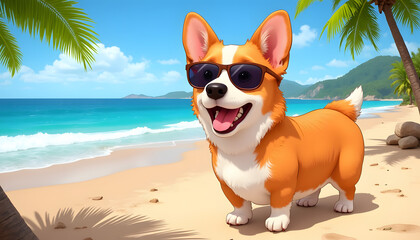 Cartoon style of a funny corgi dog wearing sunglasses with a beach background featuring palm trees and waves