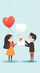 Fototapeta premium Young couple exchanging love letter with balloons on a pastel background, celebrating romance and affection