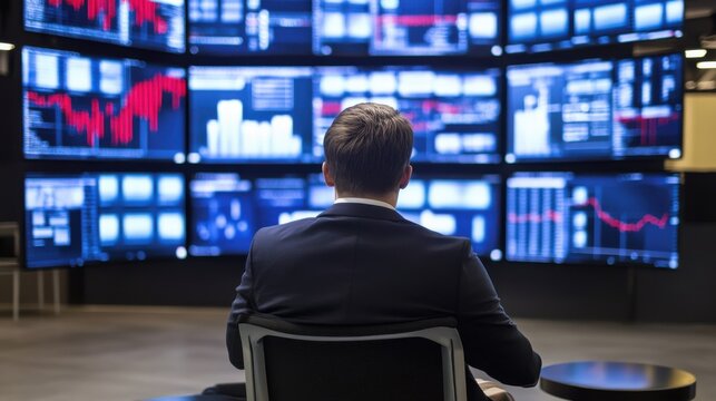 Financial Analyst Reviews Market Data on Multiple Screens