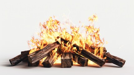 A realistic fire with wood burning in it on a white background