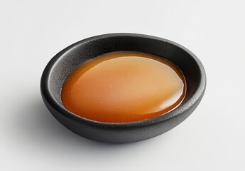 Smooth and Glossy Liquid Sauce in a Round Black Bowl on a Light Grey Background Perfect for Food Photography and Culinary Presentation