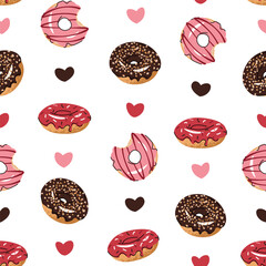 Seamless pattern with glazed donuts and hearts. Repeating texture with delicious dessert for fabric, wallpaper, paper, etc.