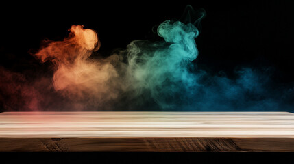 A dense plume of vibrant, multicolored smoke swirls upward from an empty rustic wooden table, set against a deep black background, creating a dramatic visual.