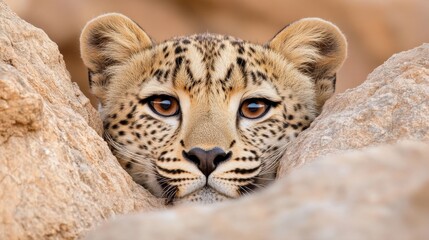 Fototapeta premium Close-Up Portrait of a Leopard Hiding Among Rocks in Its Natural Habitat