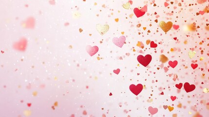 Colorful Heart Confetti Falling in a Soft Pastel Background for Romantic or Celebration Themes