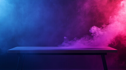 Billowing purple and crimson smoke rises from an empty table, its dynamic flow captured vividly against the deep, shadowy void.