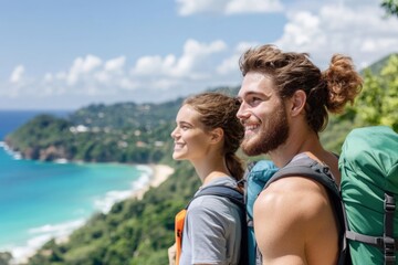 Happy young couple enjoying scenic view at mountain trail overlooking ocean on bright sunny day