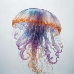 A dreamy jellyfish with soft pastel tentacles flowing like watercolors on a pristine white background.
