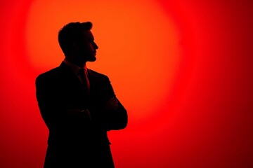 Silhouette of man, suit, arms crossed, red background.