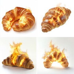 Four flaming croissants on white background.