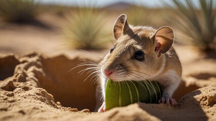 Obraz premium A small desert rodent resting on a cactus in a sandy landscape.