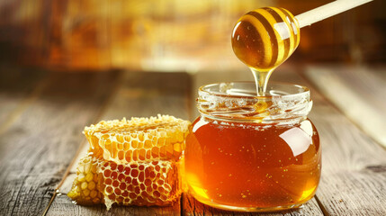 Delicious honey drizzled with a dipper beside a golden honeycomb on a rustic wooden surface