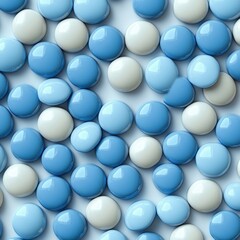 Various Perfectly Arranged Round Glossy Buttons in Light Blue, Dark Blue, and White Colors on a Soft Background for Creative Design Use