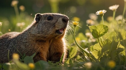 Fototapeta premium A close-up of a groundhog among flowers in a sunlit meadow.