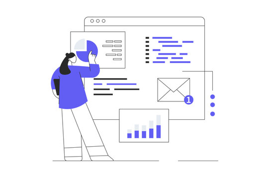 App development concept design. Character designing mobile application interface and working with content screen. Flat Cartoon Vector Illustration, icon. Stylish abstract Modern