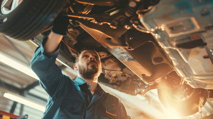 Inspecting the undercarriage of a vehicle using a car lift in an automotive workshop for maintenance and repair