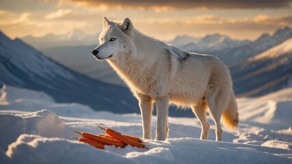 Naklejka premium A majestic white wolf stands on snowy terrain, with carrots nearby under a dramatic sky.
