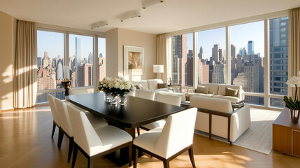 A contemporary apartment interior features a dining room with a bold black table and contrasting white chairs, flowing into a serene living room with a beige wall, illuminated by l