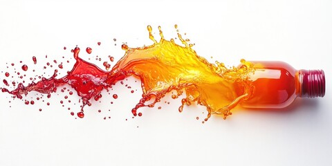 A spilled energy drink with vibrant liquid isolated on a white background capturing the essence of dynamic colors and energetic visuals