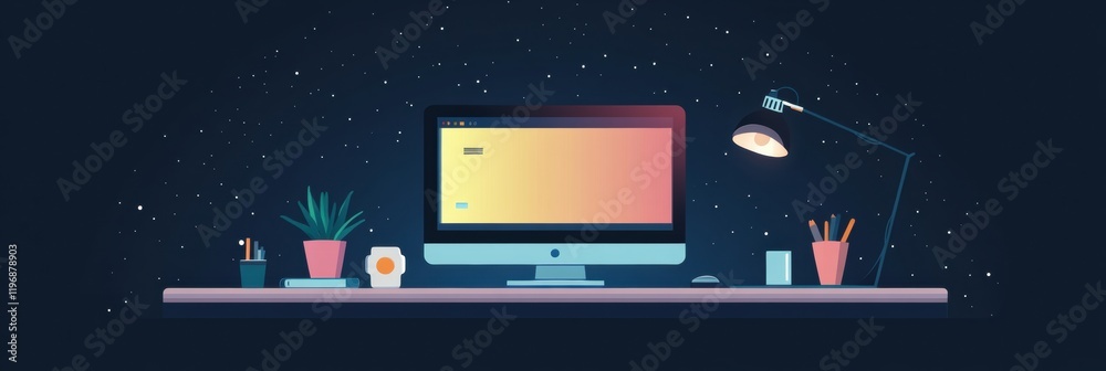 Poster modern workspace with empty screen for text on a desk illuminated by lamp against a starry night bac
