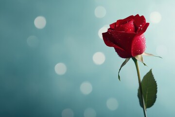 Beautiful single red rose with water droplets on soft focus blue background, perfect for nature and romance themes