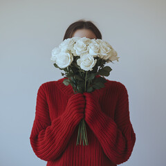 Valentine's day surprise romantic gesture with white roses indoor setting heartfelt expression