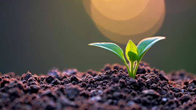 Time-lapse of a coffee plant sprout emerging from fertile soil and growing under warm sunlight