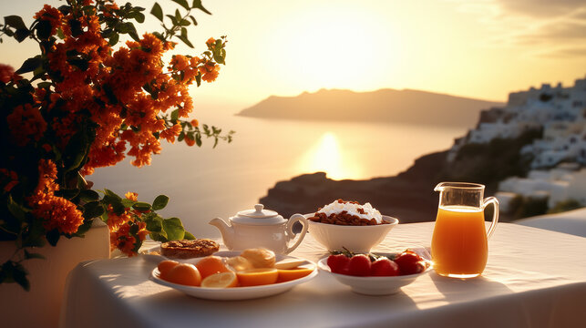 From a Santorini hotel terrace, sunrise paints the caldera in warm tones, the Aegean Sea glistening as a lavish breakfast spread featuring Greek yogurt, honey, and fresh orange jui