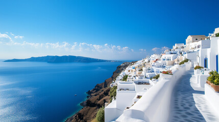 Fototapeta premium A Santorini hotel terrace offers a front-row seat to sunrise over the caldera, where the Aegean Sea sparkles, and guests enjoy a spread of Mediterranean delicacies, including figs,