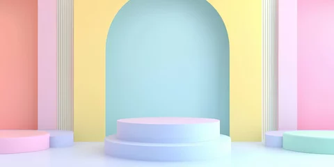 Verduisterende gordijnen Abstract background mockup with pastel podium scene, geometrical shapes, and rainbow gradient arch for product display presentation © Jana