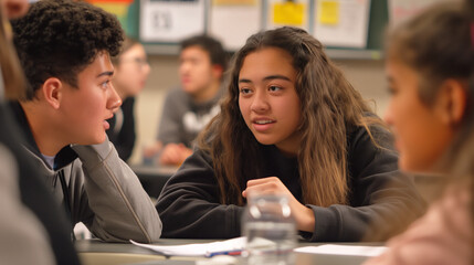 A group of high school students gathered in a classroom, discussing their New Year academic goals and resolutions with a teacher, conveying motivation for the January term.