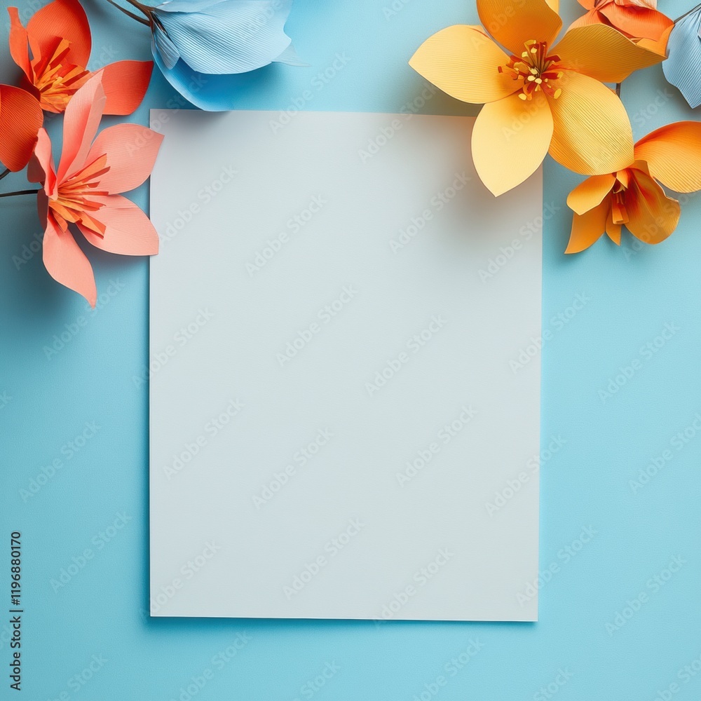 Poster soft blue background with blank space for text and vibrant flowers on the sides for creative designs