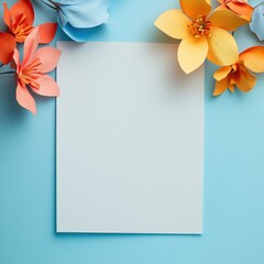 Obraz premium Soft blue background with blank space for text and vibrant flowers on the sides for creative designs. Generative AI