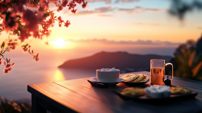 A Santorini hotel terrace is the perfect spot for sunrise, with the caldera glowing in orange and pink hues, the Aegean Sea shining below, and a breakfast spread of omelets, feta c