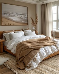 Cozy bedroom with beige tones and natural decor elements.
