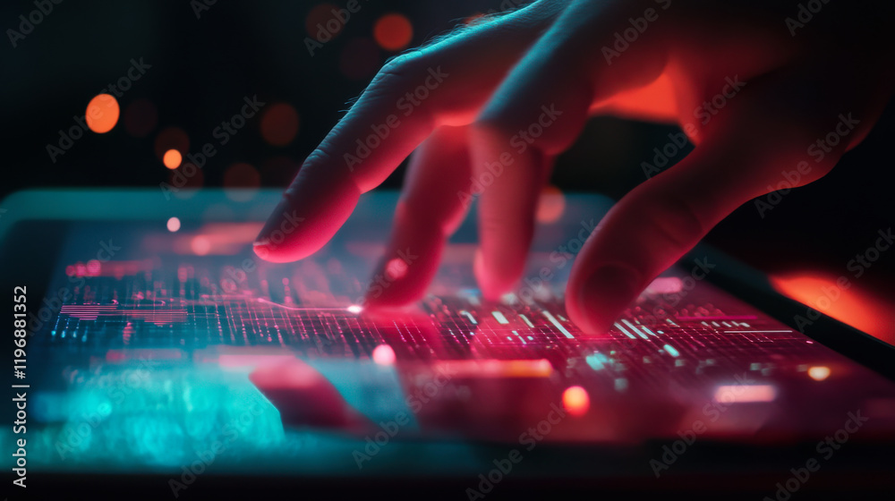 Poster digital interaction showcasing data analysis with vibrant colors and intricate visuals in a dark set