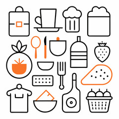 A collection of simple line art icons representing various food items, kitchenware, and cooking-related objects is arranged in a grid 