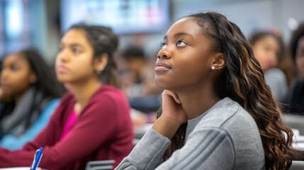 A diverse group of students, sitting at desks and attentively taking notes in a well-organized classroom, capturing the focus and enthusiasm of a January school start."