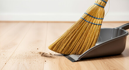 Broom sweeping dust and dirt into dustpan on hardwood floor during chores