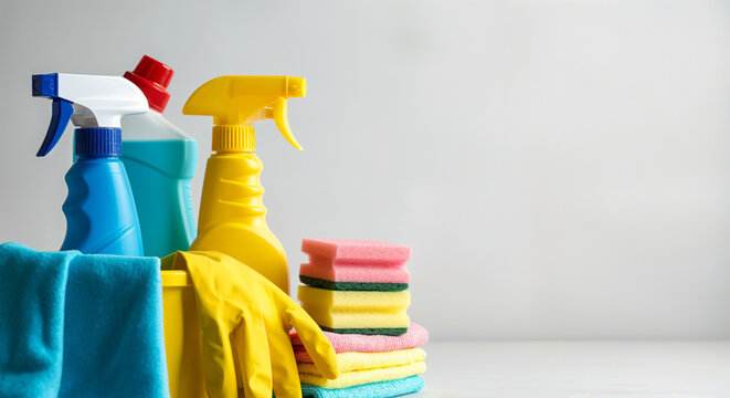 Colorful cleaning products, sponges, cloths, and rubber gloves are arranged for housekeeping