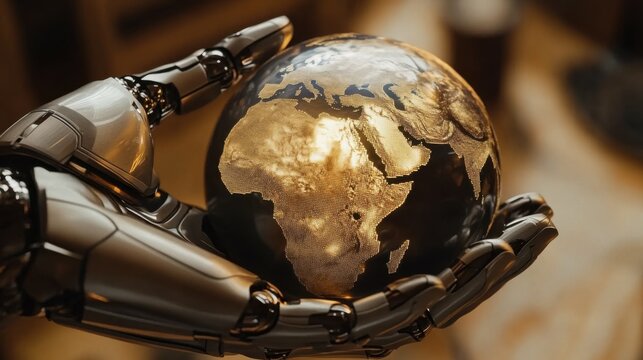 Robotic Hand Gently Holding Illuminated Global Earth Model