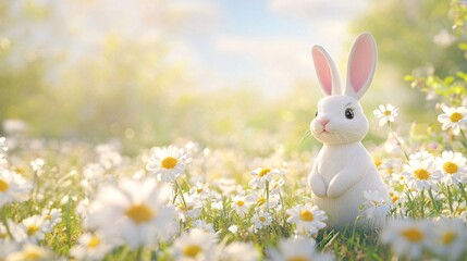 Fototapeta premium Front view of an Easter frame background with cute bunny and spring daisy flower. Blurred background with sunlight, green fields and blue sky. Copy space. Generative AI 
