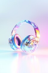 Colorful transparent headphones illuminated in soft pastel lighting