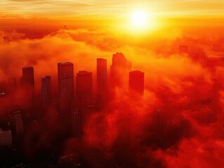 Fototapeta premium A fiery sky with dramatic orange and red hues, sunrise bathing a smoky urban landscape, skyscrapers barely visible through the thick haze.