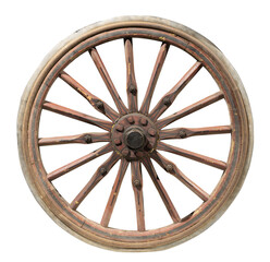 Antique wooden wagon wheel isolated on white