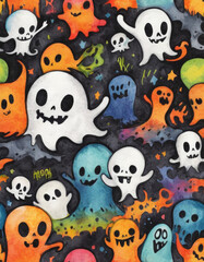 Fototapeta premium dynamic pattern illustration, spooky art and graffiti, bold, simplify, saturated colors, motifs like cute ghost and monster with skulls, impression of a lively grave at night
