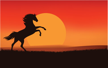 rearing up mustang stallion and sunset prairie - wild west horse silhouette against setting sun vector landscape