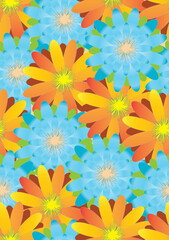 chrysanthemum, zinnia, peony, dahlia Flower pollen, orange color bright blue gradian color.Vector seamless pattern.
