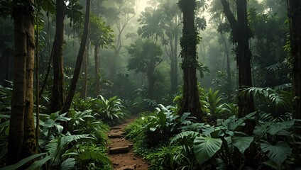 Morning in the forest . A dense jungle path appears in the center of the frame. Lush greens and deep shadows create a moody, yet peaceful nature scene.