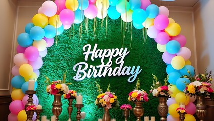 Colorful balloon arch & Happy Birthday sign at party.